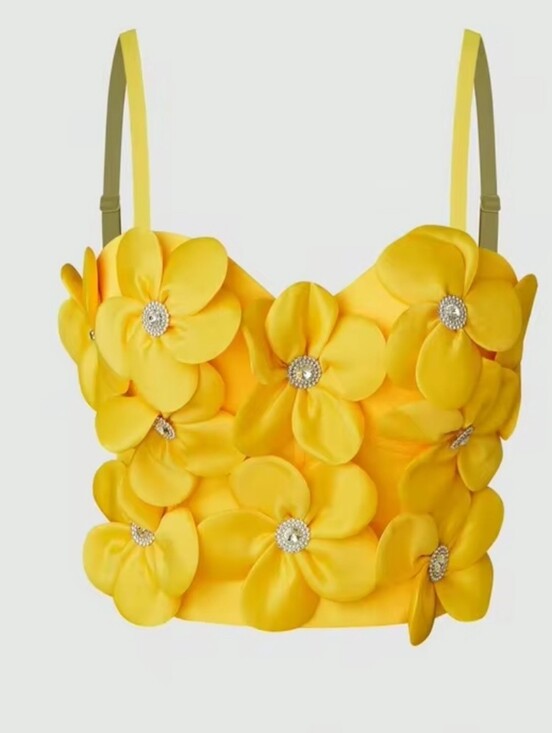 Tops - Yellow Floral Appliqué Crop Cami